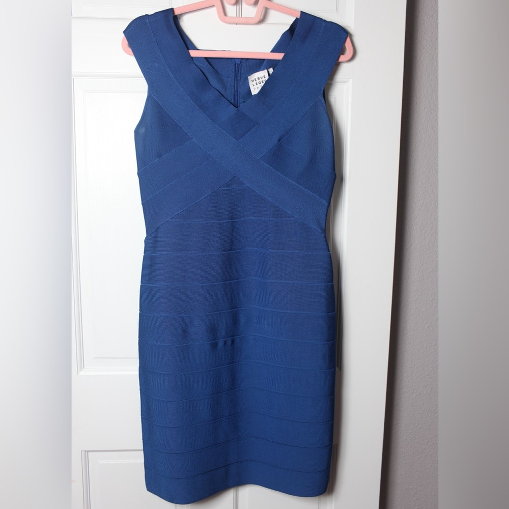 Herve Leger Icon Crossover Bodycon Dress, Royal Blue Size L - Picture 2 of 5